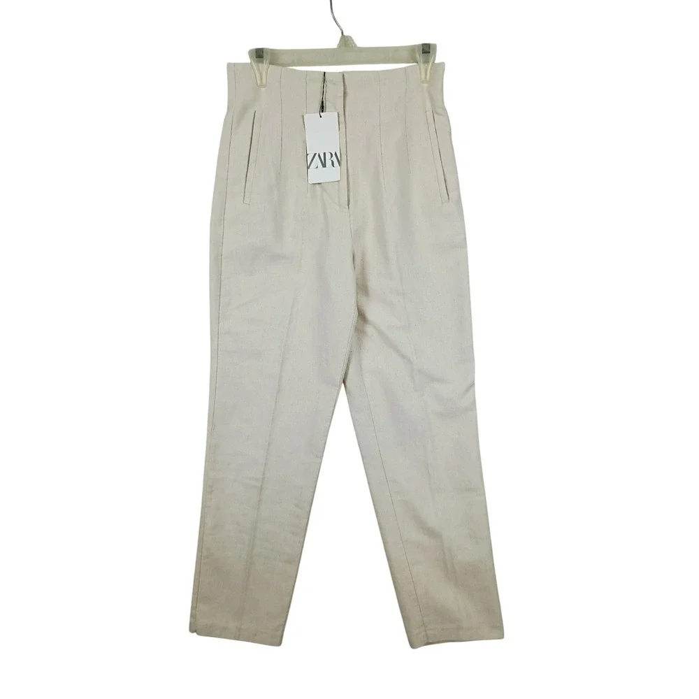 Zara Tapered Pants Womens M 28X27 Cream Cotton Linen High Waist Summer Trousers